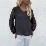 Women Top V Neck Long-Sleeved Lace See-Through Chiffon Shirt Wholesale