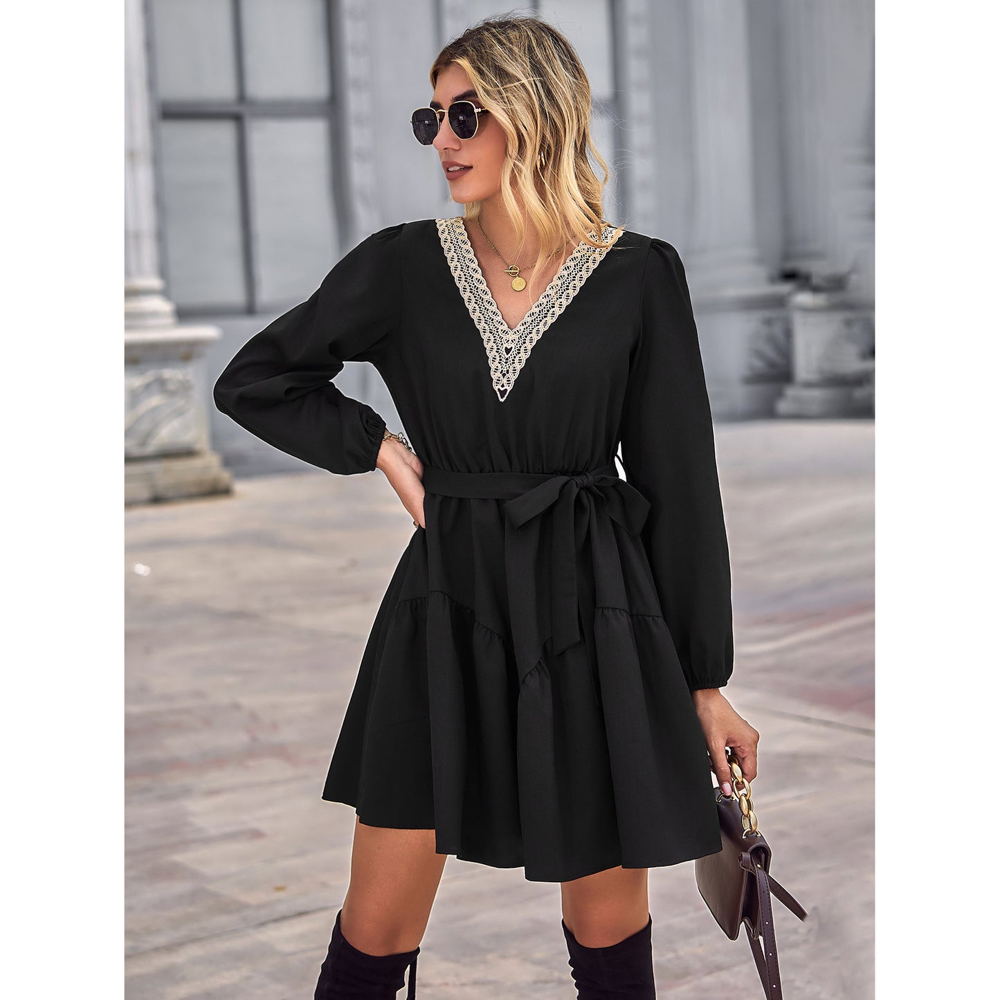 Fashion Lace V Neck Long Sleeve Tie-Up Swing Dress Wholesale Dresses