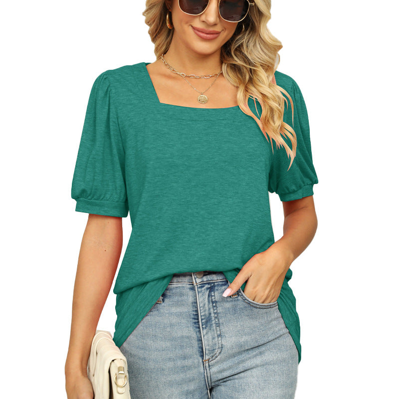 Solid Color Square Neck Puff Sleeve T-Shirt Wholesale Womens Tops