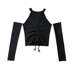 Halterneck Off Shoulder Drawstring Crop Tops Long Sleeve With Oversleeve Wholesale Womens 2 Piece Sets