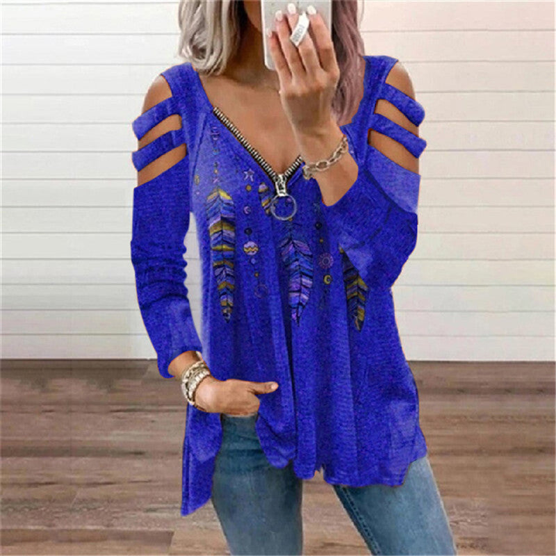 Sexy V Neck Off Shoulder Print Tops Zip Long Sleeve Loose Womens T Shirts Wholesale