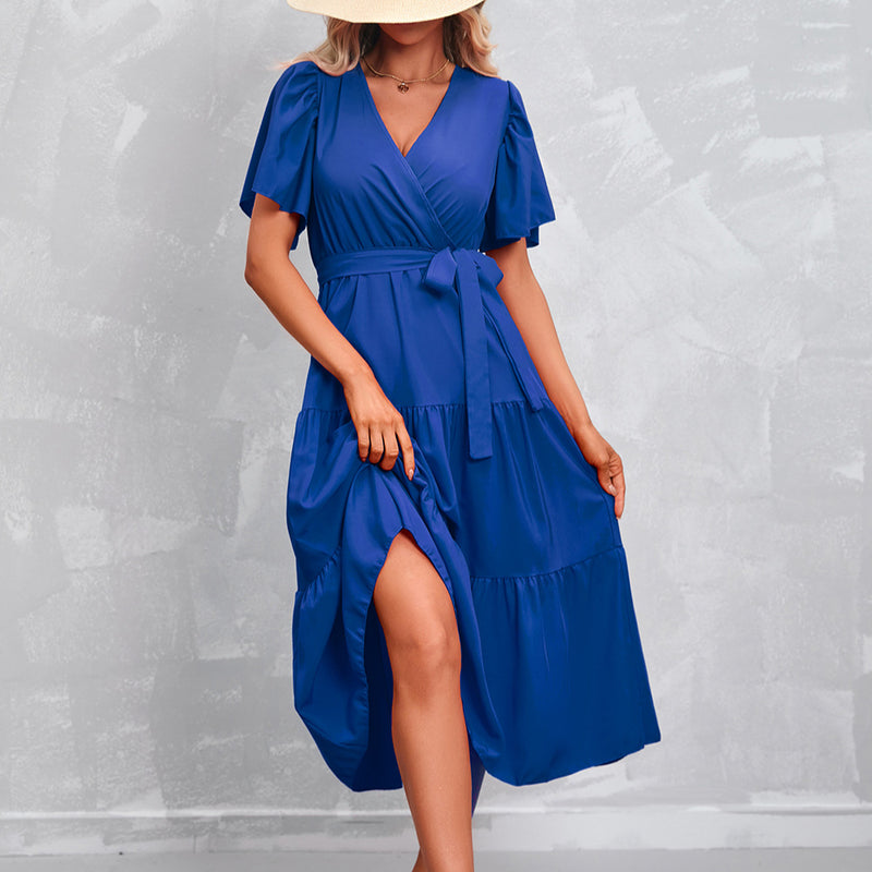V-Neck Short Sleeve Solid Color Mid-Length Smocked Dress Casual Wholesale Dresses