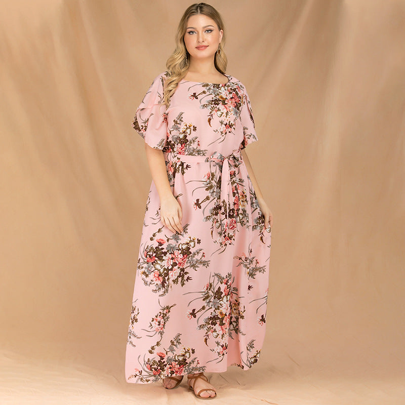 Chiffon Floral Maxi Swing Dress Lace-Up Flared Sleeve Dresses Wholesale Plus Size Clothing