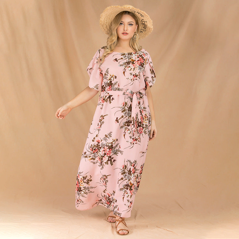 Chiffon Floral Maxi Swing Dress Lace-Up Flared Sleeve Dresses Wholesale Plus Size Clothing