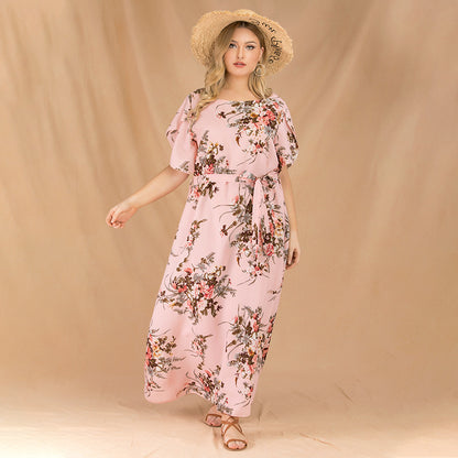 Chiffon Floral Maxi Swing Dress Lace-Up Flared Sleeve Dresses Wholesale Plus Size Clothing