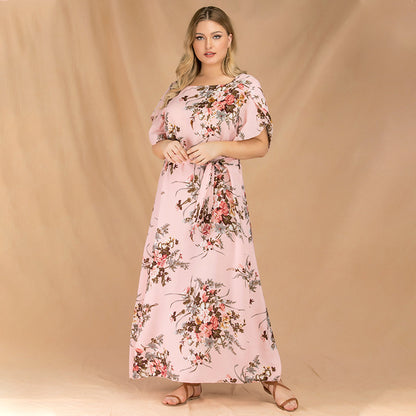 Chiffon Floral Maxi Swing Dress Lace-Up Flared Sleeve Dresses Wholesale Plus Size Clothing