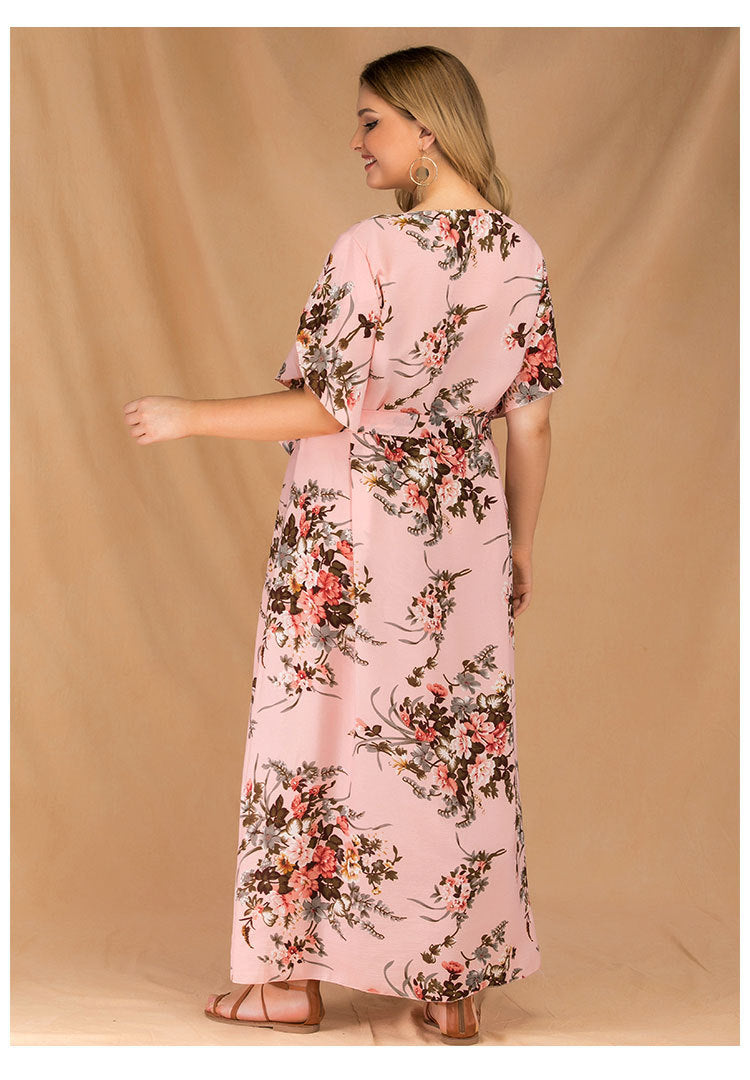 Chiffon Floral Maxi Swing Dress Lace-Up Flared Sleeve Dresses Wholesale Plus Size Clothing