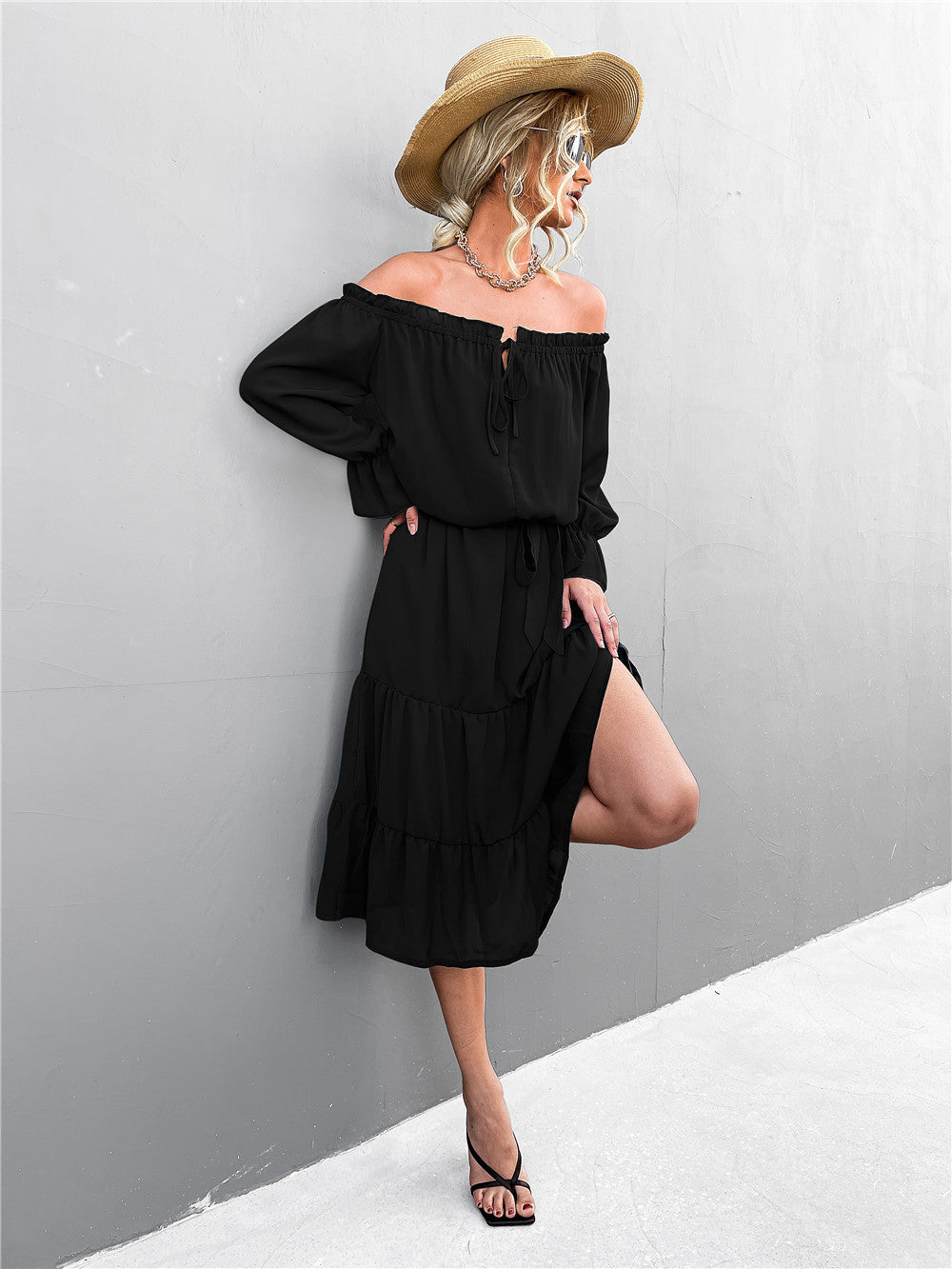 One-Shoulder Lace-Up Ruffless Wide Swing Lantern Sleeve Midi Dress Casual Wholesale Dresses