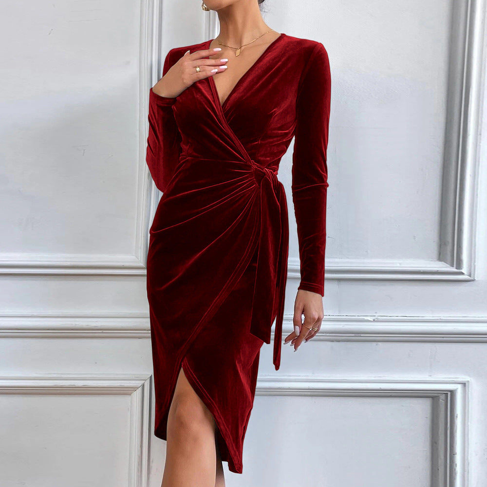 Sexy Long Sleeve V-Neck Package Hip Midi Velvet Dress Wholesale Dresses