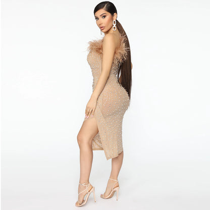 Sexy One Sholder See-Through Bead Bodycon Dress Wholesale Dresses