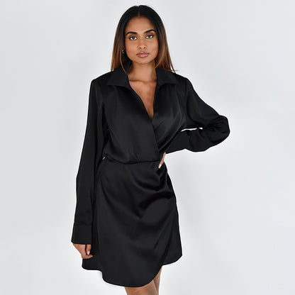 Sexy Lapel Nipped Waist Long Sleeve Wrap Satin Dress Wholesale Dresses