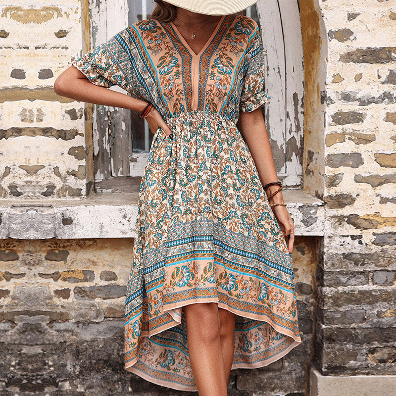 Women Fashion Vintage Print Short Sleeve V Neck Wholesale Swing Dresses