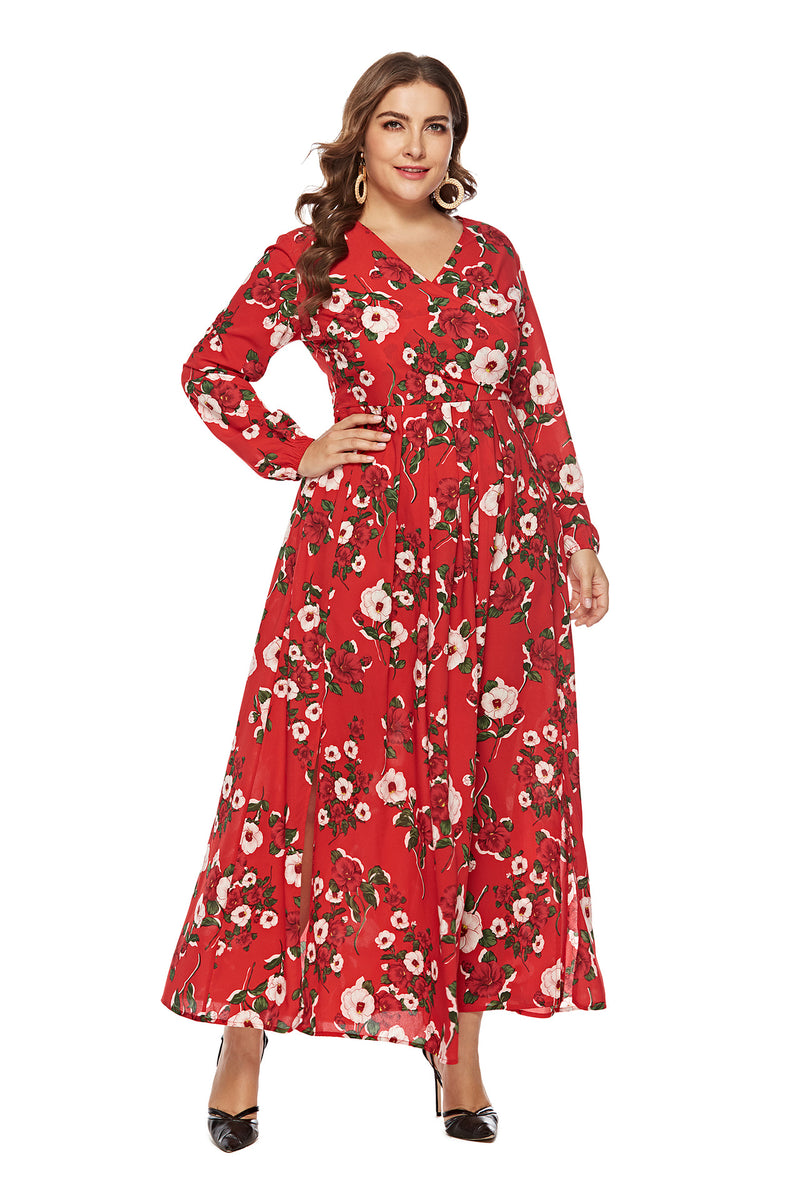 Floral Print Women Curvy Slit Maxi Dresses Wholesale Plus Size Clothing