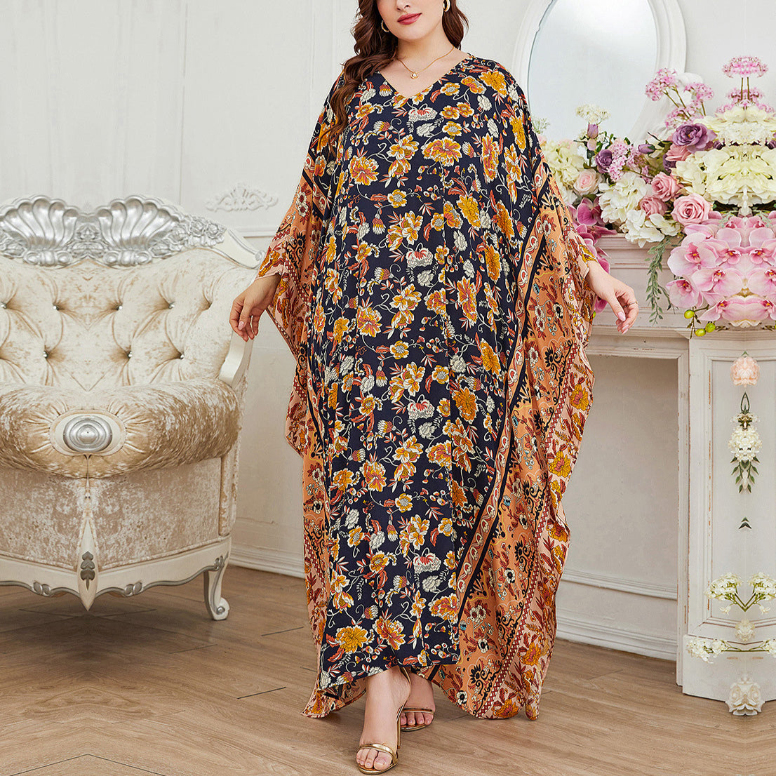 Floral Print Doll Sleeve Curvy Maxi Dresses Wholesale Plus Size Clothing