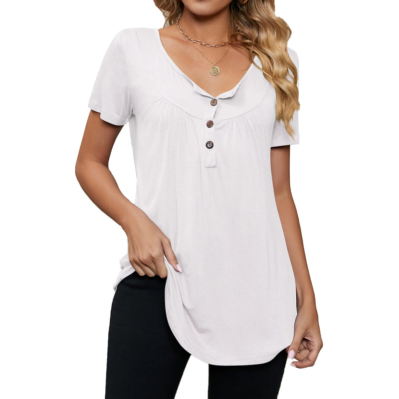 Shrink Button Solid Color Short-Sleeved T-Shirts Wholesale Womens Tops