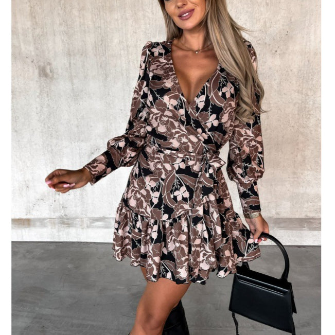 Long Sleeve Fashion Printed Waist Ruffled Dress Wholesale Dresses