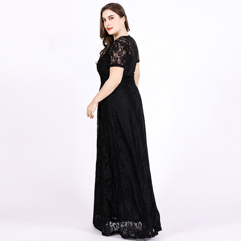Wholesale Women'S Plus Size Clothing Lace Round Neck Short Sleeve Crochet Hollow Evening Dress