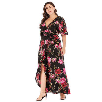 Wholesale Women'S Plus Size Clothing Printed V-Neck Short Sleeve Bohemian Slit Tie Wrap Dress