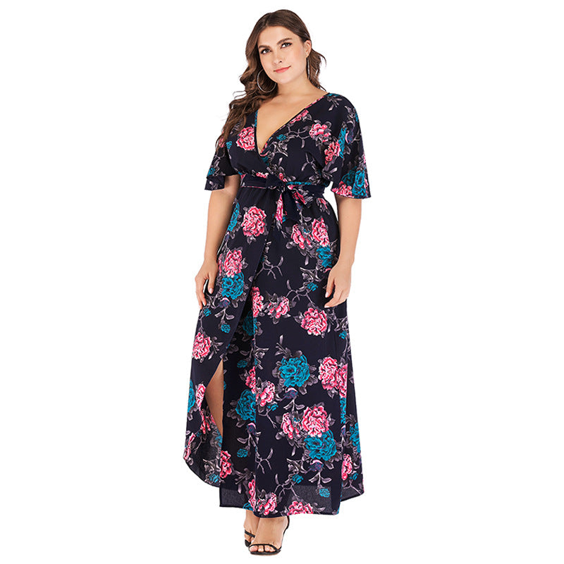 Wholesale Women'S Plus Size Clothing Printed V-Neck Short Sleeve Bohemian Slit Tie Wrap Dress