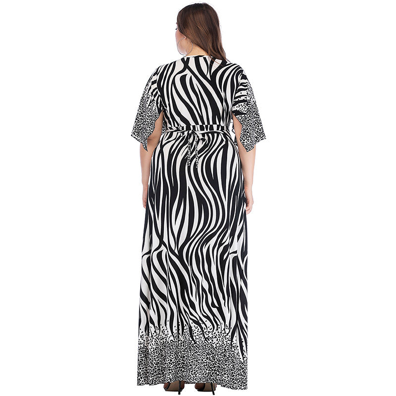 Wholesale Women'S Plus Size Clothing Leopard Stitching Printed V-Neck Bat Sleeve Dress
