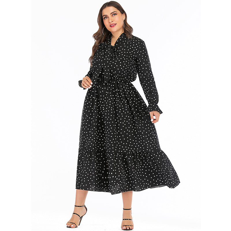 Wholesale Women'S Plus Size Clothing Polka Dot Print Tie Long Sleeve Flowing Dress