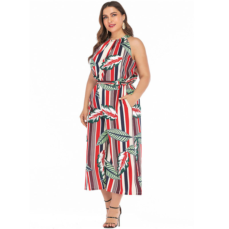 Wholesale Women'S Plus Size Clothing Striped Print Round Neck Sleeveless Jumpsuit