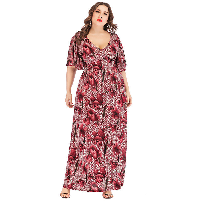 Wholesale Women'S Plus Size Clothing V-Neck Short Sleeve Vintage Print Bohemian Dress