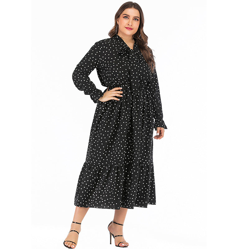 Wholesale Women'S Plus Size Clothing Polka Dot Print Tie Long Sleeve Flowing Dress