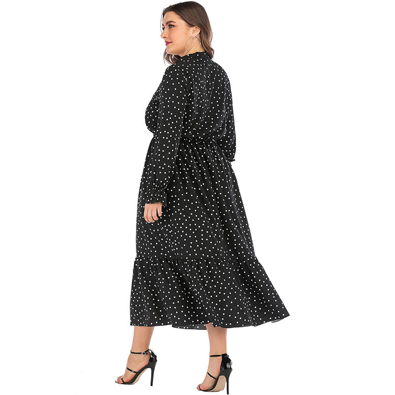 Wholesale Women'S Plus Size Clothing Polka Dot Print Tie Long Sleeve Flowing Dress