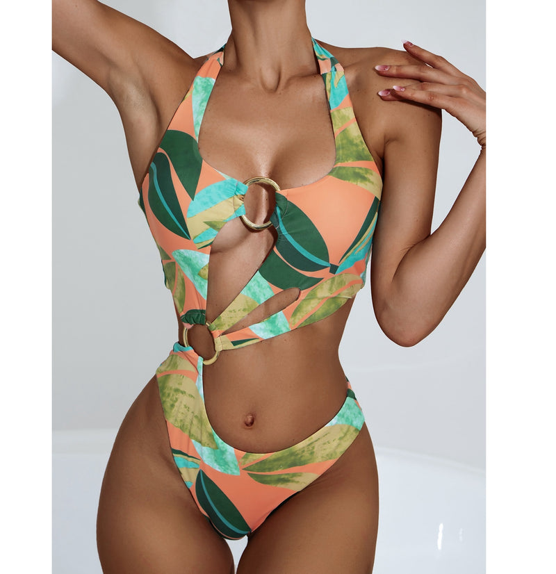 Sexy Lace Up Print Bikinis Beach Bodycon Cutout Backless Wholesale One-Piece Swimsuit SSN560126