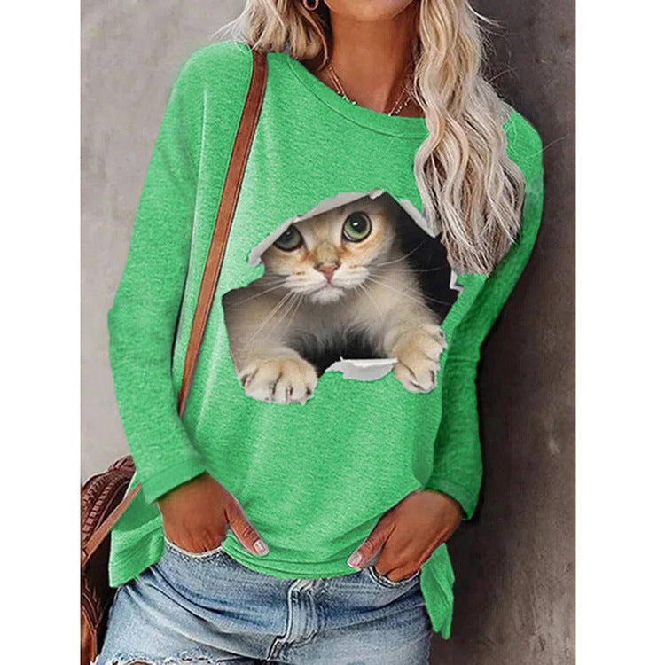 Fashion Cat Print Tops Round Neck Casual Wholesale Womens Long Sleeve T Shirts