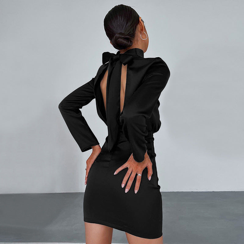 Backless Bowknot High Collar Sexy Solid Color Long-Sleeved Mini Dress Wholesale Dresses