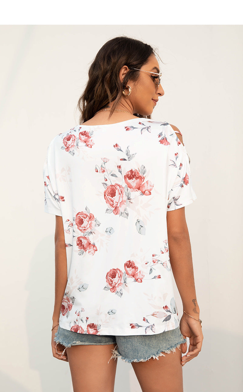 Round Neck Floral Print Crossover Short Sleeve Fashion Womens Tops Casual Wholesale T-Shirts