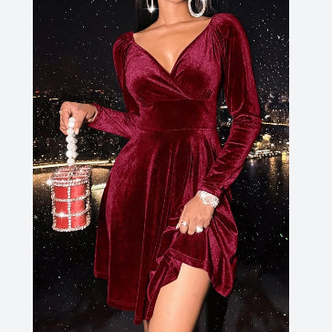 Velvet FashionLong Sleeve V-Neck Party Mini Dress Wholesale Dresses