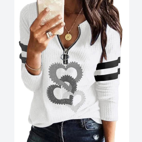 Loose Sexy V Neck Splicing Printed Tops Zipper Wholesale Womens Long Sleeve T Shirts