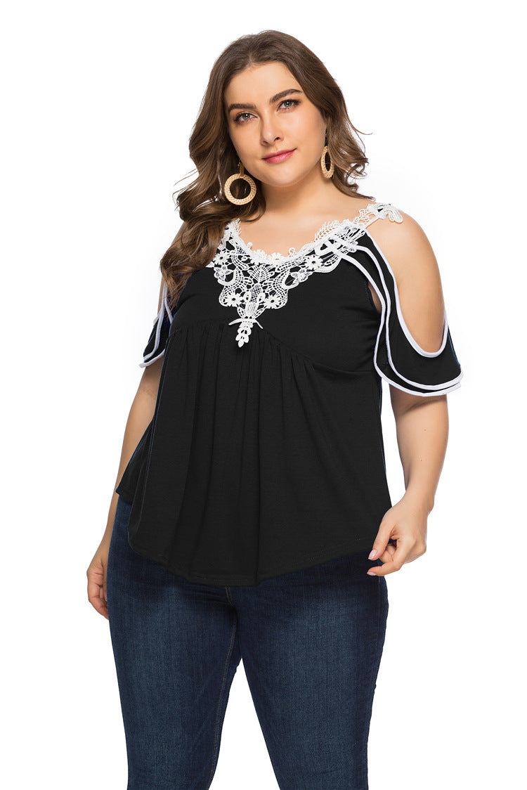 Lace-Paneled Short-Sleeved Wholesale Plus Size Tops For Valentine'S Day