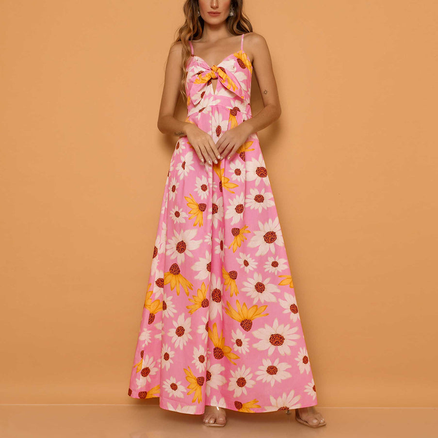 Floral Print Sleeve Spaghetti Strap Wholesale Maxi Dresses