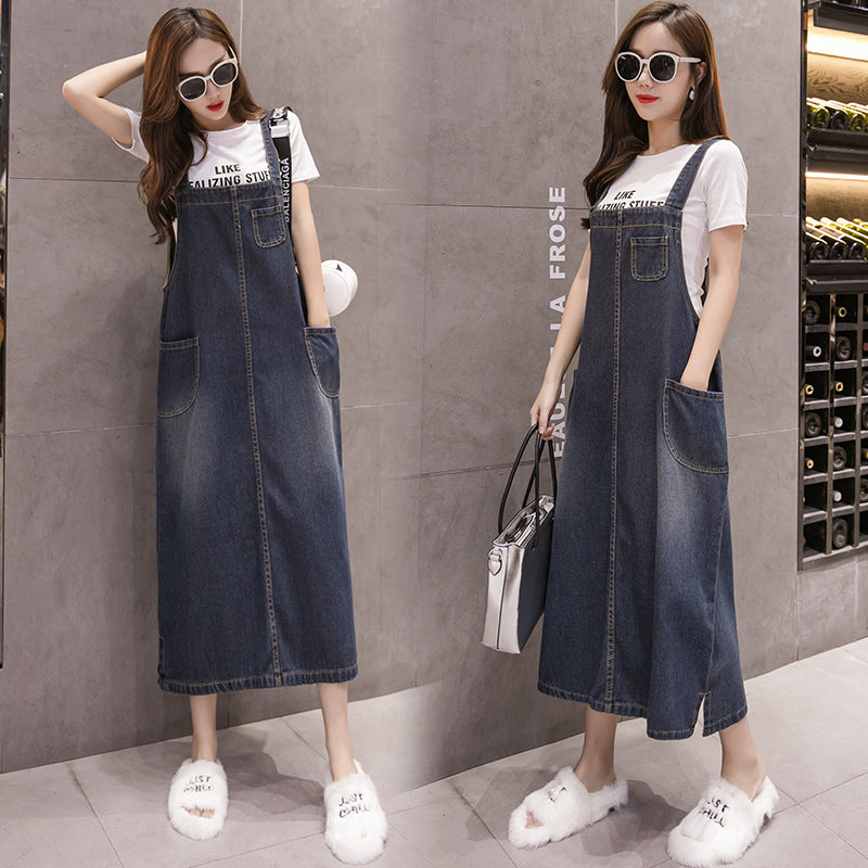 Casual Midi Overall Denim Dresses Slit Hem Loose Wholesale Women Clothing With Pockets