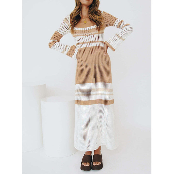 Colorblock Striped Resort Sexy Knit Hollow Dress Wholesale Dresses