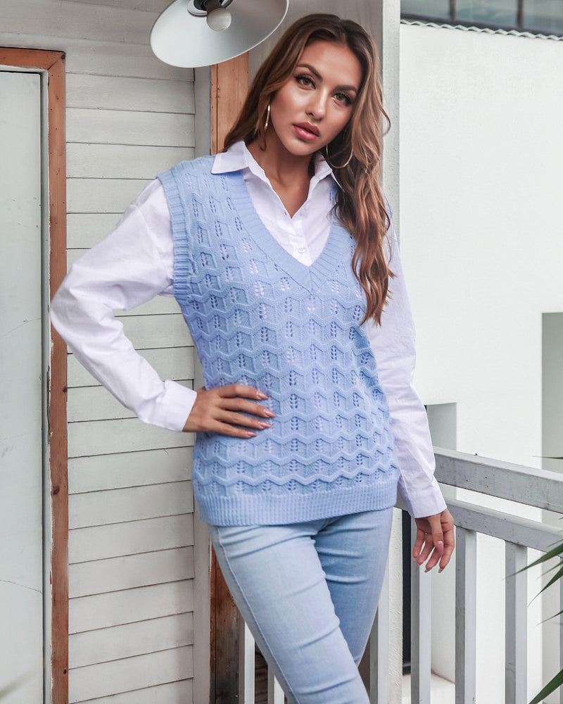 V-Neck Knitted Hollow Crochet Solid Color Slim Vest Wholesale Women Tops