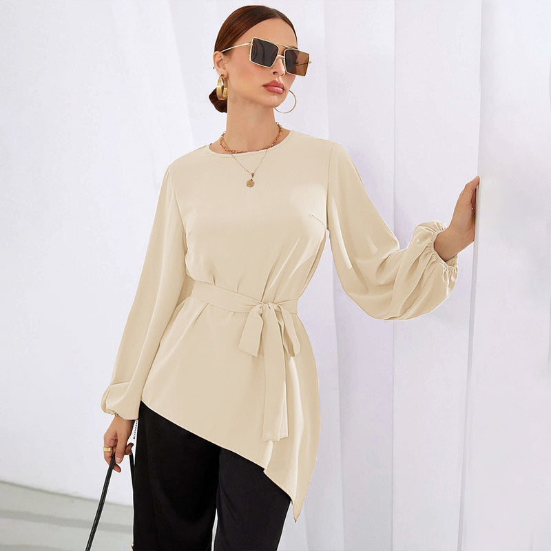 Commuter Solid Color Round Neck Temperament Irregular Long-Sleeved Wholesale Women'S Top