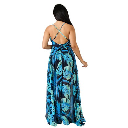 Fashion Print Deep V Neck Open Back Chiffon Beach Sling Wide Swing Dress Sexy Wholesale Maxi Dresses