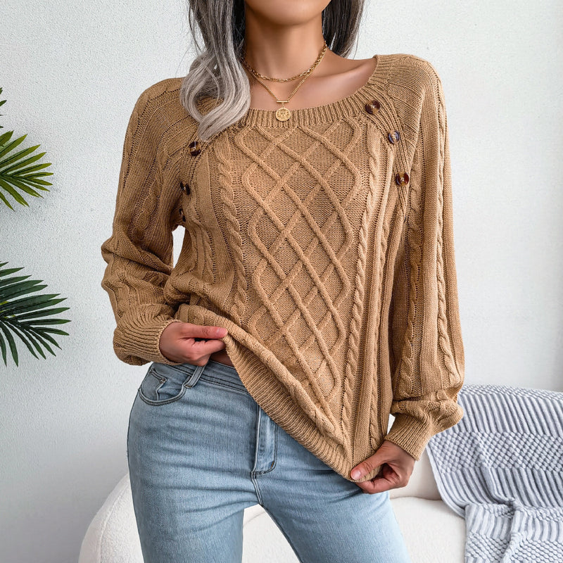 Long-Sleeve Relaxed Square-Neck Button Braid-Knit Pullover Sweater Wholesale Women Top