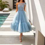 Elegant Solid Color Mesh Slanted Shoulder Princess Wedding Banquet Bridesmaid Dress Wholesale Dresses