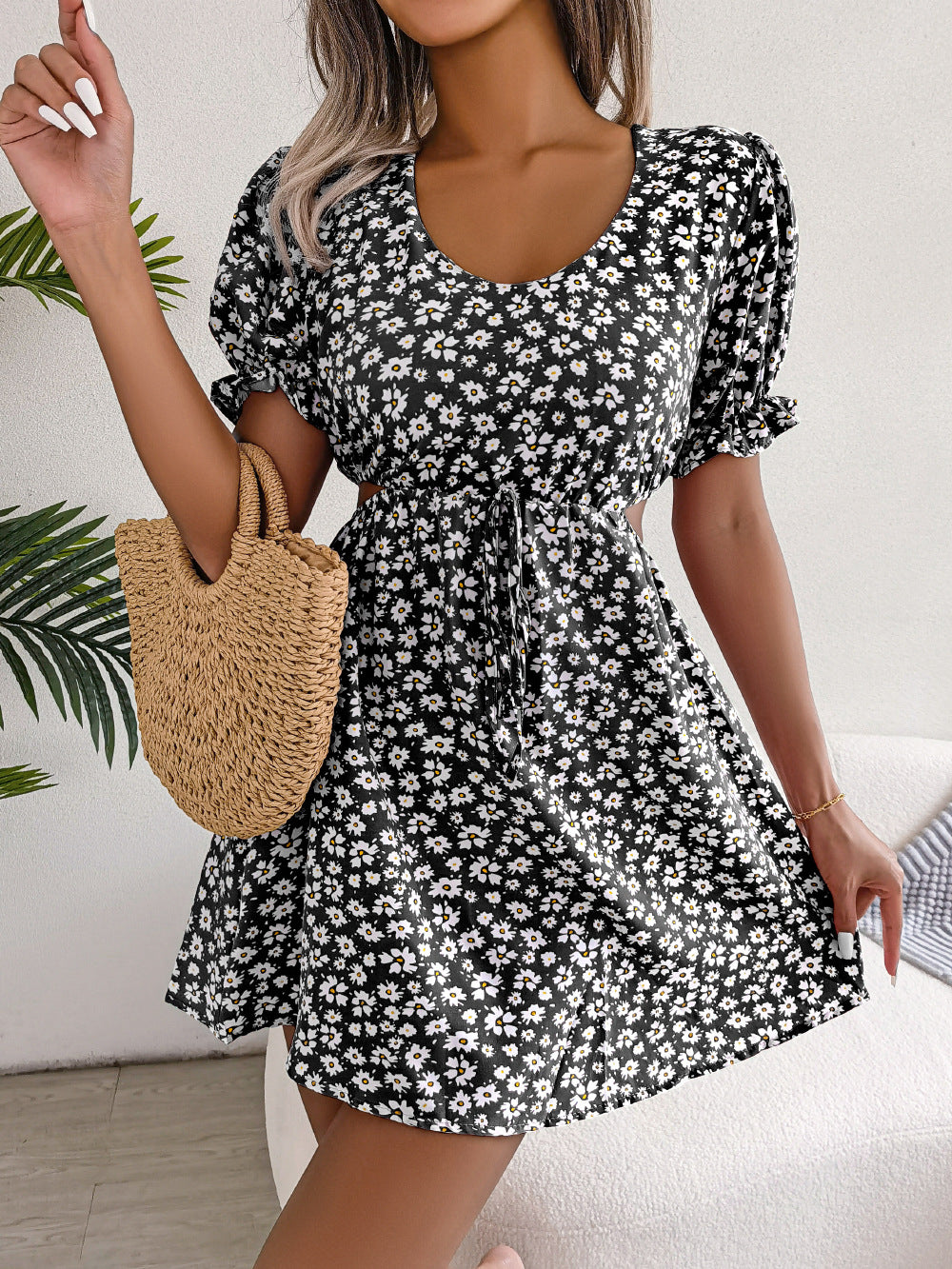 Casual Hollow Tie Short-Sleeve Floral Dress Wholesale Dresses