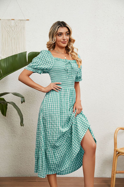 Short Sleeve Square Neck Plaid Flowy Dress Wholesale Maxi Dresses