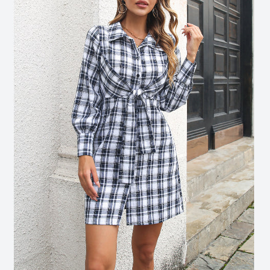 Turn Down Collar Plaid Print Button Down Tie Waist Wholesale Shirt Dresses