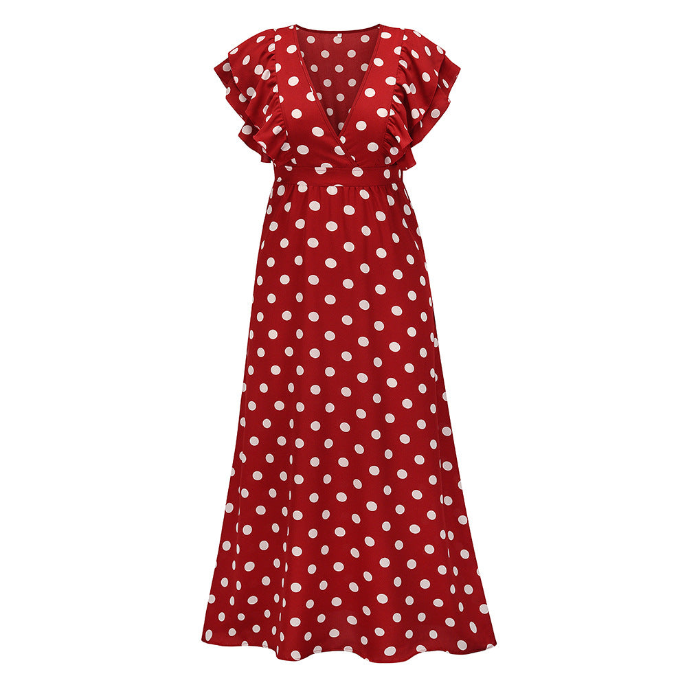 Deep V Polka Dot Print Nipped Waist Vintage Vacation Dress Ruffles Wholesale Maxi Dresses