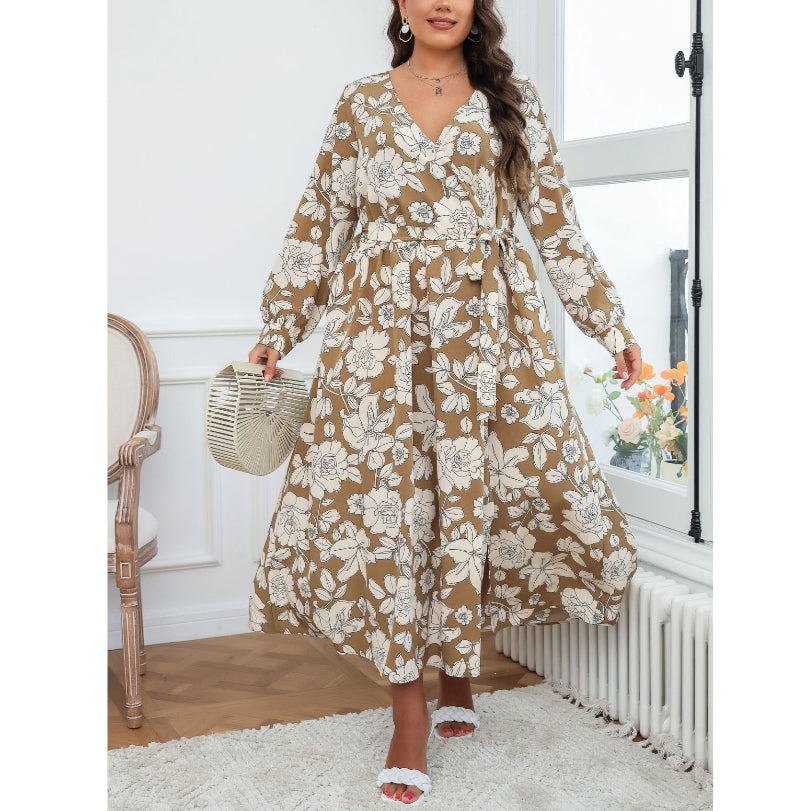 Wholesale Plus Size Women Clothing Fashion Loose Long Sleeve V Neck Maxi Dress Wholesale Dresses