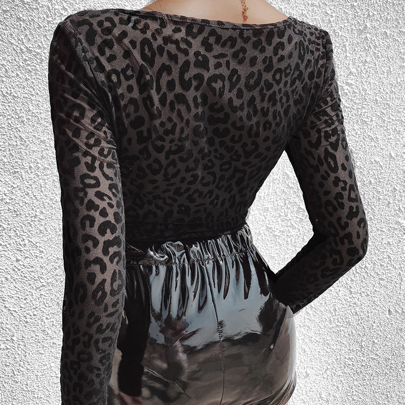 Square Collar Mesh Slim Fit Leopard Long Sleeve Skinny Sexy Bodysuits Wholesale Vendor